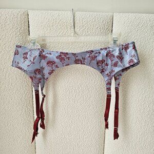 NWT Fleur du Mal Blue Mist Rose Jacquard Top Stitch Garter Belt Size L Large